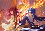  2boys aladdin_(magi) ali_baba_saluja blonde_hair blue_eyes blue_hair braid fire gradient gradient_background jewelry long_hair magi_the_labyrinth_of_magic morgiana multiple_boys open_mouth red_eyes red_hair short_hair side_ponytail single_braid staff striped_background sword trio weapon 