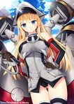  ass_visible_through_thighs bismarck_(kantai_collection) black_legwear blonde_hair blue_eyes blush breastplate breasts cloud cloudy_sky commentary_request cowboy_shot day detached_sleeves gloves hand_on_hip hat highres kaho_okashii kantai_collection large_breasts long_hair looking_at_viewer mecha_musume military military_hat military_uniform outdoors panties pantyshot pantyshot_(standing) peaked_cap rigging sky solo standing sunlight thighhighs underwear uniform 
