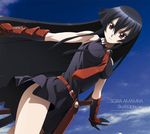  akame akame_ga_kill! aliasing black_hair jpeg_artifacts long_hair necktie red_eyes red_neckwear skirt solo very_long_hair 