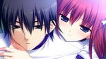  1girl black_eyes black_hair blue_eyes grisaia_(series) grisaia_no_kajitsu grisaia_no_rakuen hug kazami_yuuji long_hair open_mouth red_hair suou_amane 