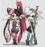  2girls aori_(splatoon) aqua_legwear bad_id bad_twitter_id black_dress black_hair brown_eyes detached_collar domino_mask dress earrings fangs food food_on_head gloves grin hair_rings hotaru_(splatoon) jewelry long_hair mask mole mole_under_eye multiple_girls nootaragibe object_on_head open_mouth paint_roller pantyhose pink_legwear short_jumpsuit smile splat_charger_(splatoon) splat_roller_(splatoon) splatoon_(series) splatoon_1 strapless strapless_dress sushi symbol-shaped_pupils tentacle_hair unitard white_gloves white_hair 