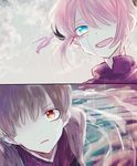  1girl blue_eyes brown_hair bun_cover double_bun gintama kagura_(gintama) kal_(kaltama) okita_sougo orange_eyes pink_hair rain short_hair smile water 