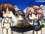  bikini bitter_melon brown_hair commentary cowboy_shot cucumber day expressionless eye_beam food furutaka_(kantai_collection) grill grilling hair_ornament hairband hamu_koutarou heterochromia i-58_(kantai_collection) kantai_collection multiple_girls name_tag one-piece_swimsuit plate red_eyes school_swimsuit short_hair standing swimsuit tanikaze_(kantai_collection) white_bikini 