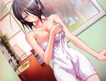  1girl artist_request bare_shoulders blush breasts brown_hair character_request cleavage covered_navel eyes_closed sakura_sakura short_hair solo tears towel 