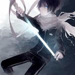  black_hair blue_eyes gradient gradient_background hair_between_eyes highres noragami scarf solo sword upper_body weapon yato_(noragami) 