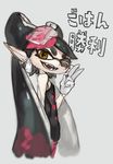  ;d aori_(splatoon) bad_id bad_twitter_id detached_collar domino_mask earrings fangs food food_on_head gloves hair_rings jewelry long_hair looking_at_viewer mask mole mole_under_eye nootaragibe object_on_head one_eye_closed open_mouth pantyhose pink_legwear short_jumpsuit smile solo splatoon_(series) splatoon_1 sushi symbol-shaped_pupils tentacle_hair v white_gloves 