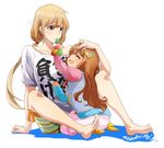 71 :3 alternate_height artist_name barefoot blonde_hair brown_eyes brown_hair candy closed_eyes clothes_writing food futaba_anzu hair_ornament height_switch idolmaster idolmaster_cinderella_girls lollipop long_hair low_twintails moroboshi_kirari multiple_girls open_mouth role_reversal seiza shirt simple_background sitting smile t-shirt twintails white_background yellow_legwear you_work_you_lose younger 