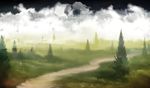  cloud fog grass highres landscape no_humans original pine_tree road scenery tree 