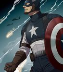  blonde_hair blue_eyes captain_america gb_(doubleleaf) gloves gradient gradient_background highres male_focus marvel mask mcu shield sky smoke solo steve_rogers superhero 