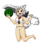  animal_ears ball barefoot beachball cellphone commentary_request full_body inubashiri_momiji marisa_to_alice_no_cookie_storia navel open_mouth over_shoulder phone red_eyes short_hair silver_hair smartphone solo swimsuit sword sword_over_shoulder tail takenoko_lv9 touhou transparent_background watermelon_beachball weapon weapon_over_shoulder 