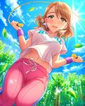  artist_request brown_hair cloud day from_below green_eyes idolmaster idolmaster_cinderella_girls jewelry jump_rope jumping leaf long_hair midriff navel necklace official_art open_mouth pants pink_pants solo sweatdrop sweatpants w_arms wristband yanagi_kiyora 