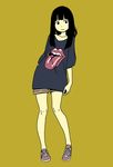  1girl black_eyes black_hair collarbone hand_behind_back hosoo lips logo long_hair shorts simple_background smile sneakers solo teeth the_rolling_stones tongue yellow_background 
