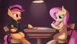  2015 blue_eyes cards chair cutie_mark duo equine female fluttershy_(mlp) friendship_is_magic hair leather_jacket light magic_the_gathering mammal multicolored_hair my_little_pony pegasus purple_eyes purple_hair scootaloo_(mlp) sitting subjectnumber2394 table two_tone_hair wings 