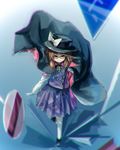  blue_background blurry brown_hair cape clothes_writing depth_of_field from_above gloves hat hat_ribbon highres kneehighs long_sleeves looking_at_viewer low_twintails quimbaya_airplane ribbon road_sign saltlaver short_hair sign simple_background skirt skirt_set smile solo touhou twintails usami_sumireko white_legwear wind wind_lift 