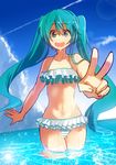  bikini foreshortening green_eyes green_hair hatsune_miku highres long_hair noboes solo standing swimsuit twintails v vocaloid wading water 
