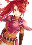  armor belt breastplate brown_gloves elbow_gloves fire_emblem fire_emblem:_akatsuki_no_megami fire_emblem:_souen_no_kiseki floating_hair gloves high_ponytail jill_(fire_emblem) kiyuu long_hair looking_away looking_to_the_side pants pauldrons red_eyes red_hair simple_background solo white_background white_pants 