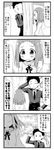  1boy 1girl 4koma behind_tree collared_shirt comic emphasis_lines formal greyscale hand_behind_head hand_on_hip harumi_kajika minami_(colorful_palette) monochrome necktie notice_lines shirt suit tokyo_7th_sisters translation_request tree |_| 