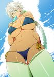  alternate_costume bare_shoulders bikini braid breasts cowboy_shot food from_below kantai_collection large_breasts long_hair looking_at_viewer perepere-kun popsicle side-tie_bikini silver_hair single_braid solo swimsuit tan thick_thighs thigh_gap thighhighs thighs unryuu_(kantai_collection) very_long_hair 