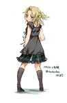  alternate_costume bare_arms blonde_hair blush casual contemporary dress earrings green_eyes jewelry kneehighs looking_at_viewer looking_back mizuhashi_parsee pointy_ears print_dress sleeveless sleeveless_dress solo striped striped_legwear touhou toutenkou 