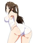  1girl ass bare_shoulders blush breasts brown_eyes brown_hair cameltoe elel185 erect_nipples from_behind hand_on_hip huge_ass idolmaster idolmaster_cinderella_girls leaning leaning_forward long_hair one-piece_swimsuit ponytail shimamura_uzuki shiny shiny_skin side_ponytail sideboob simple_background smile solo swimsuit 