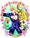  blonde_hair blue_eyes bug butterfly chouhana clothes_pull earrings flower foreshortening giorno_giovanna gold_experience highres insect jewelry jojo_no_kimyou_na_bouken jojo_pose ladybug pointing pointing_at_viewer pose rose stand_(jojo) 