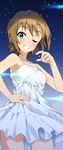  brown_hair dress green_eyes hand_on_hip idolmaster idolmaster_cinderella_girls looking_at_viewer mizuki_makoto one_eye_closed short_hair smile solo tada_riina white_dress 