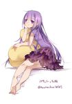  alternate_costume barefoot casual contemporary hand_on_own_chin patchouli_knowledge pillow purple_hair sitting skirt solo touhou toutenkou 
