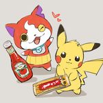  candy_bar cat chocoboo crossover fangs gen_1_pokemon haramaki heart heinz jibanyan ketchup looking_at_viewer no_humans notched_ear one_eye_closed open_mouth pikachu pokemon pokemon_(creature) simple_background sketch youkai youkai_watch zrae 