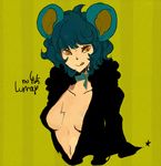  animal_ears bad_id bad_pixiv_id blue_hair breasts cleavage costume curly_hair gen_4_pokemon l_hakase large_breasts licking luxray open_clothes open_shirt personification pokemon shirt short_hair solo tongue yellow_eyes 