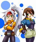  2girls aile aile_(megaman_zx) ashe ashe_(megaman_zx) brown_hair capcom green_eyes latex long_hair lowres megaman megaman_zx multiple_girls rockman rockman_zx silver_hair 