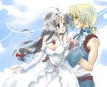  1girl blue_eyes blush breasts brown_hair cleavage cloud colorized commentary_request couple day dress final_fantasy final_fantasy_ix garnet_til_alexandros_xvii gloves groin hetero holding_hands jewelry long_hair low-tied_long_hair medium_breasts necklace niwa_toriko sky tail tiara very_long_hair wedding_dress white_dress zidane_tribal 
