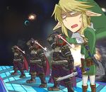  armor beard belt blonde_hair boots bracer earrings facial_hair final_destination galaxy ganondorf gauntlets gerudo hanjuku_tomato hat jewelry left-handed lineup link male_focus master_sword multiple_boys multiple_persona pointy_ears red_hair sheath shield space super_smash_bros. sword the_legend_of_zelda the_legend_of_zelda:_twilight_princess utility_belt weapon 