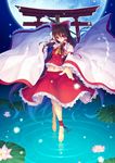  aka_(shoumae) ankle_ribbon bad_id bad_pixiv_id barefoot bow brown_hair detached_sleeves error feet floating flower foreshortening full_moon hair_bow hakurei_reimu hands lily_pad long_hair looking_at_viewer moon navel night red_eyes ribbon ripples solo torii touhou water wide_sleeves wrong_feet 
