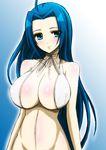  ahoge bare_shoulders blue_hair blush breasts cleavage groin highres idolmaster idolmaster_(classic) large_breasts long_hair miura_azusa solo swimsuit wakame 