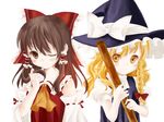  bad_id bad_pixiv_id blonde_hair bow braid broom brown_hair creamfully detached_sleeves hakurei_reimu hat kirisame_marisa long_hair multiple_girls touhou witch_hat yellow_eyes 