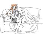  bad_id bad_pixiv_id barefoot blanket blue_eyes blush casual couch couple full_body green_eyes hong_meiling izayoi_sakuya looking_up lying monochrome multiple_girls no_hat no_headwear pillow red_hair sakura_(doors) silver_hair sitting sketch spot_color touhou yuri 