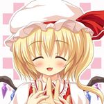  blonde_hair blush closed_eyes fang flandre_scarlet hands hat one_side_up open_mouth short_hair smile solo touhou wings yamasan 