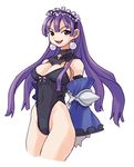  arms_behind_back breasts cleavage cross cross_necklace dark_eclair detached_sleeves earrings eclair_(la_pucelle) headdress highleg highleg_leotard jewelry la_pucelle leotard long_hair looking_at_viewer lowres medium_breasts naughty_face necklace official_art purple_eyes purple_hair ryoji_(nomura_ryouji) simple_background solo white_background 