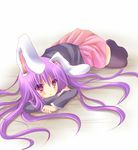  :t animal_ears asakura_hayate bad_id bad_pixiv_id blazer bunny_ears jacket long_hair lying on_stomach pout purple_hair red_eyes reisen_udongein_inaba skirt solo thighhighs touhou 