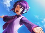  beret cloud day hat headphones necktie open_mouth purple_eyes purple_hair purple_neckwear rike_(pixiv) short_hair sky solo utane_uta utau 