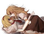  alice_margatroid bad_id bad_pixiv_id blonde_hair blue_eyes blush fang hairband kirisame_marisa long_hair lying marisu multiple_girls on_back short_hair straddling touhou yellow_eyes yuri 