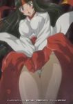  black_hair blush breasts headband japanese_clothes large_breasts legs long_hair lowres miko open_mouth panties purple_eyes queen's_blade queen's_blade_spiral_chaos skirt skirt_lift solo tomoe underwear 
