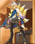  alternate_costume bad_id bad_pixiv_id bakuretsu_tenshi blonde_hair chaps chen chen_(cat) fox_tail full_body gun hat highres live_a_live moss_(sphere211) multiple_tails pants parody poster_(object) short_hair solo standing tail touhou wanted weapon western yakumo_ran yellow_eyes 