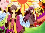  bad_id bad_pixiv_id black_eyes black_hair cherry_blossoms flower green_eyes iris_(flower) long_hair male_focus multiple_boys ponytail raven_(tales) rising_sun sheath shivue smile sunburst sword tales_of_(series) tales_of_vesperia unsheathing weapon yuri_lowell 