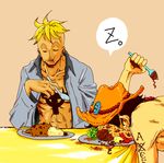  blonde_hair brown_hair curry eating food food_on_face fork hat karukaradon818 male_focus marco multiple_boys one_piece open_clothes open_shirt portgas_d_ace shirt sleeping spoon tattoo whitebeard_pirates zzz 