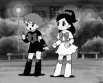  60s black_footwear boots commentary cure_black cure_white futari_wa_precure greyscale half_updo knee_boots kumagai_haito magical_girl misumi_nagisa monochrome multiple_girls oldschool park parody precure style_parody white_footwear yukishiro_honoka 