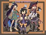  animal_ears arm_cannon black_hair bow braid bunny_ears cat_ears cat_tail extra_ears eyes halloween happy_halloween hat highres inaba_tewi jack-o'-lantern kaenbyou_rin multiple_girls multiple_tails nametake pumpkin red_eyes red_hair reiuji_utsuho short_hair tail touhou trick_or_treat twin_braids twintails wallpaper weapon wheelbarrow wings witch_hat 