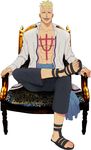  1boy armchair blonde_hair chair collared_shirt jolly_roger legs_crossed male male_focus marco mizinko500002415668 one_piece open_clothes open_shirt patterned_upholstery pirate sandals sash shirt shitara_(kaimetsu_joutai) simple_background sitting smile solo tattoo white_background 