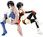  1girl belt black_eyes black_hair boots cape earrings elbow_gloves gloves jewelry leon_magnus long_sleeves midriff rutee_katrea short_hair shorts tales_of_(series) tales_of_destiny thighhighs 