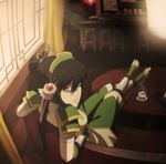  anime_coloring armor avatar:_the_last_airbender avatar_(series) barefoot black_hair blind feet feet_on_table grey_eyes hair_bun hair_ornament jewelry looking_back older rogie_custodio sitting solo tea toeless_legwear toph_bei_fong 